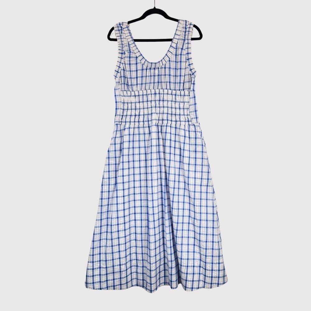 Taelynn Midi Dress Blue Plaid Sleeveless Smocked A Line Flowy Cottagecore Large